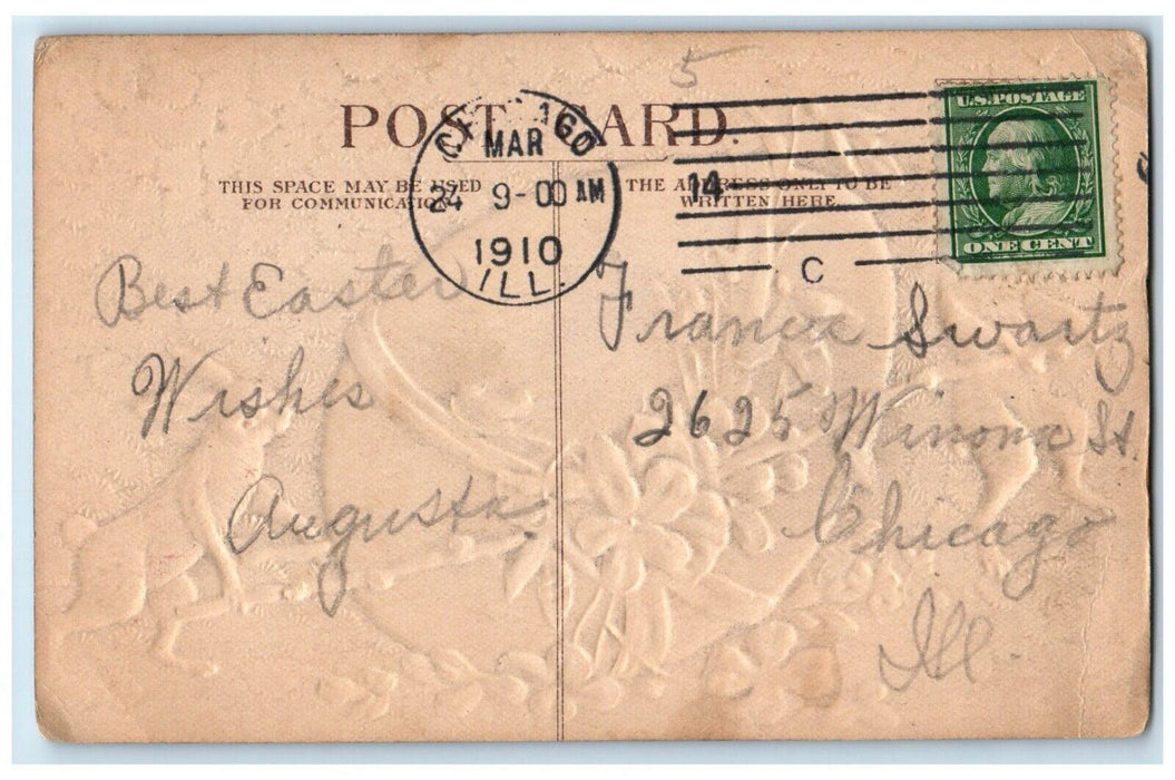 1910 Easter Greeting Egg Bunny Rabbit Flowers Clover Embossed Antique Postcard
