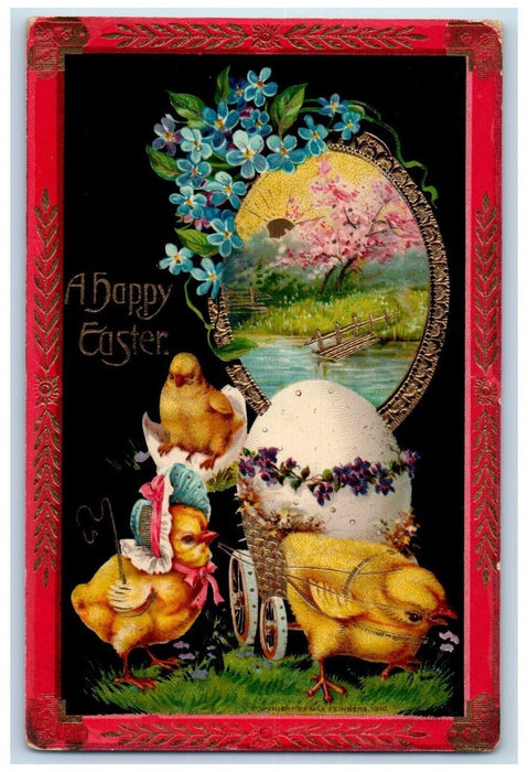 c1910's Easter Hatched Egg Anthropomorphic Chick Pansies Gel Gold Gilt Postcard