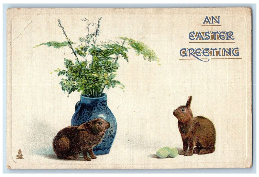 c1910's Easter Greeting Bunny Rabbit Egg Plant Vase Tuck's Embossed Postcard
