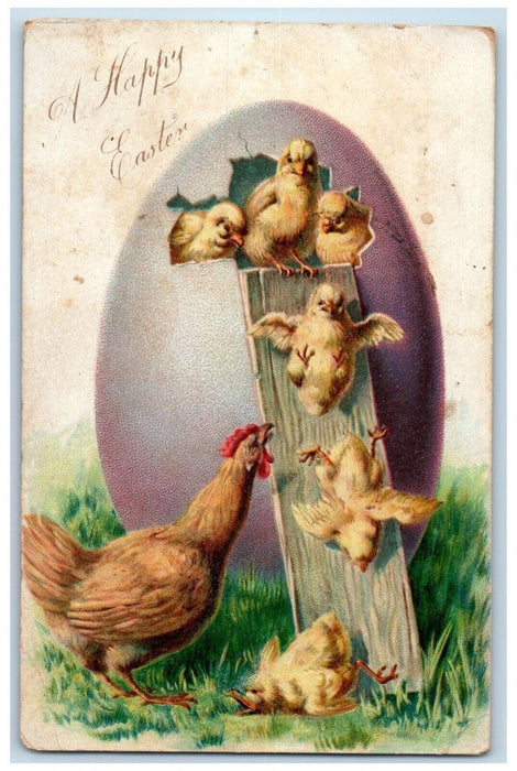 c1905 Happy Easter Egg Chicken Hen Chicks Slide Embossed Antique Postcard