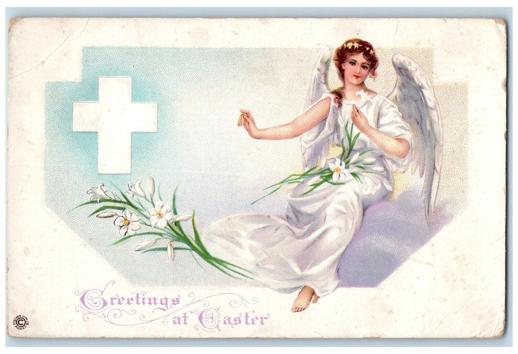 c1910's Easter Greetings Cross Angel Lilies Flowers Embossed Antique Postcard