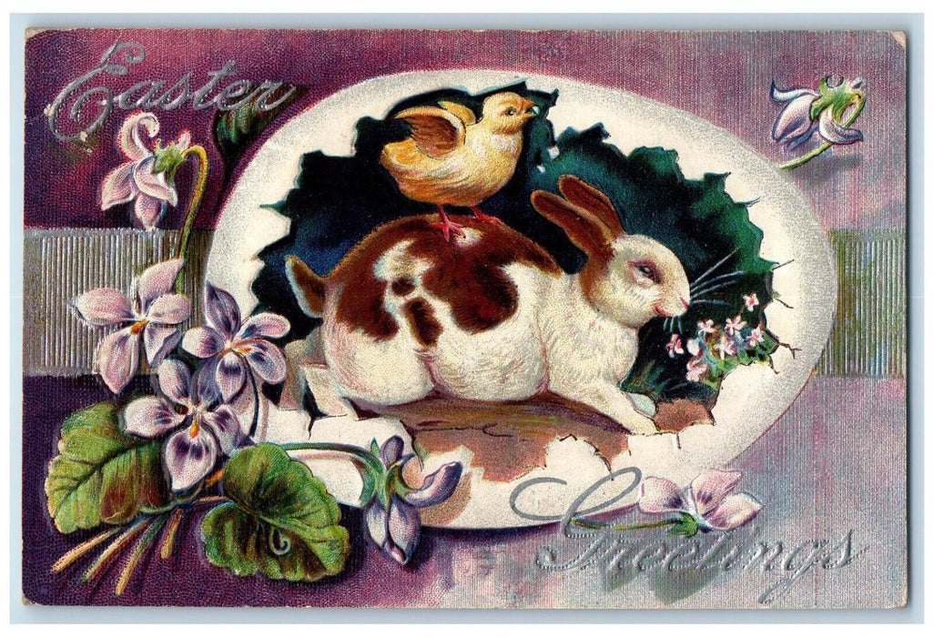 1910 Easter Greetings Hatched Egg Chick On Top Of Rabbit Flowers Nash Postcard