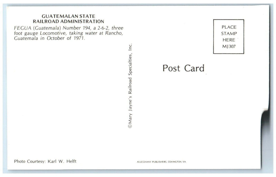 1971 Guatemalan State Railroad Admin Fegua 194 Rancho Guatemala Postcard