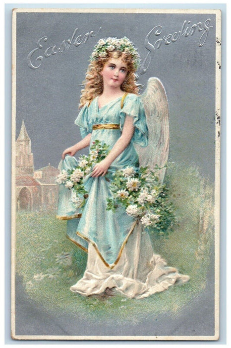 1909 Easter Greetings Angel With Flowers Church Cascade Iowa IA Antique Postcard