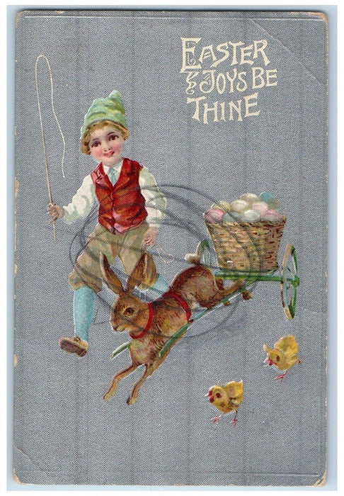 c1910's Easter Boy Rabbit Pulling Cart With Eggs Basket Chicks Embossed Postcard