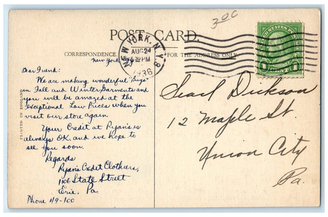 1936 Cunard White Star Liner Queen Mary Steamer Cruise Ship New York NY Postcard