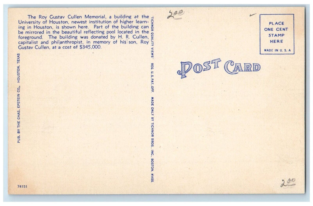 c1940's The Roy Cullen Memorial University Of Houston Texas TE Unposted Postcard