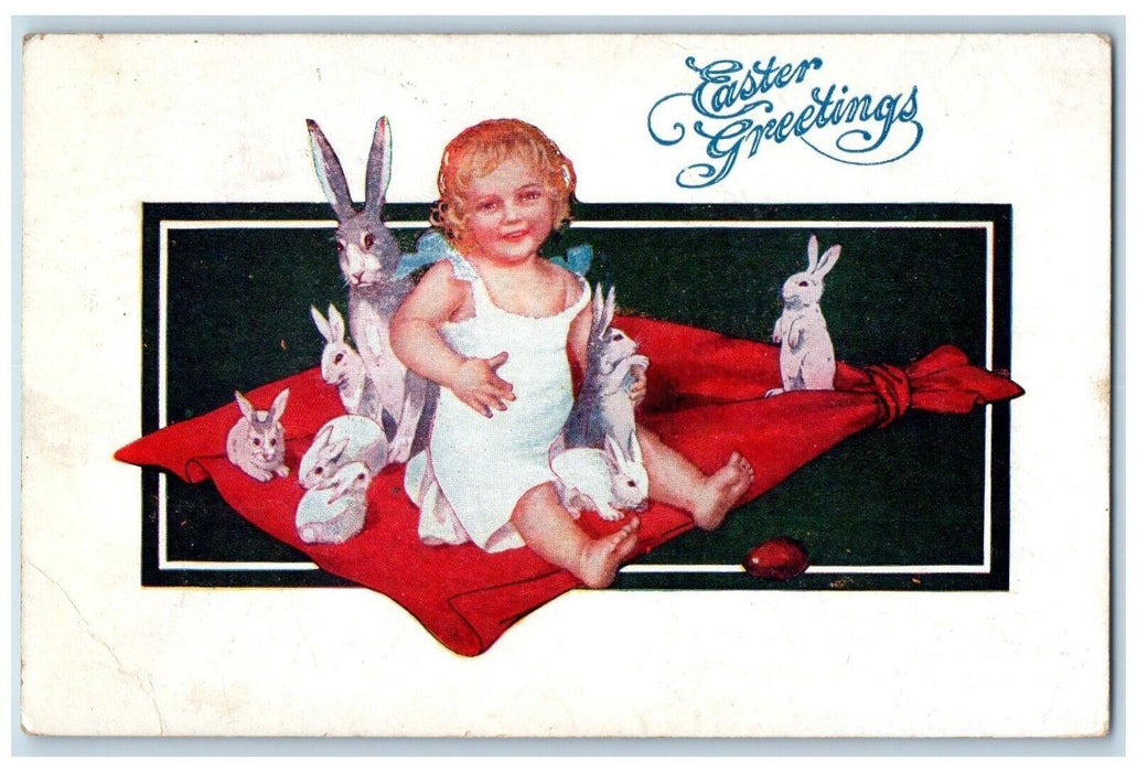 1923 Easter Greetings Little Girl Playing Bunnies Rabbit Egg Vintage Postcard