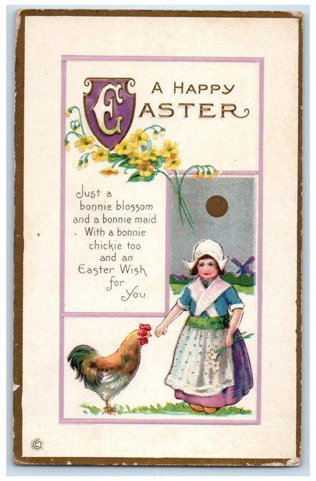 c1910's Easter Dutch Maid Bonnie Blossom Rooster Windmill Embossed Postcard