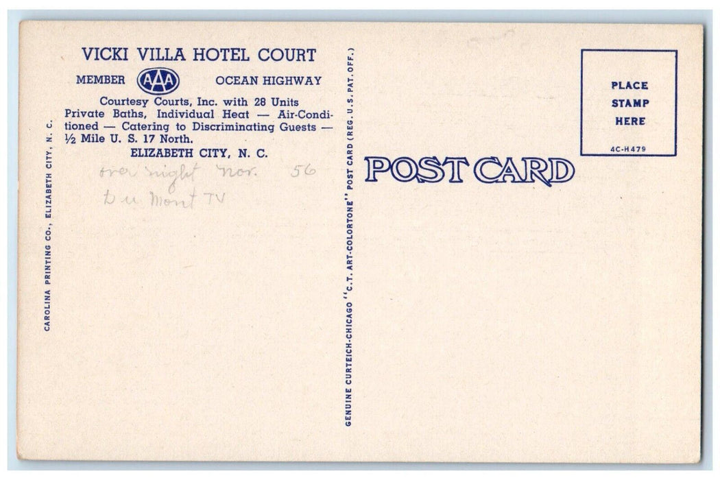 c1940 Vicki Villa Hotel Court Ocean Highway Elizabeth  North Carolina Postcard