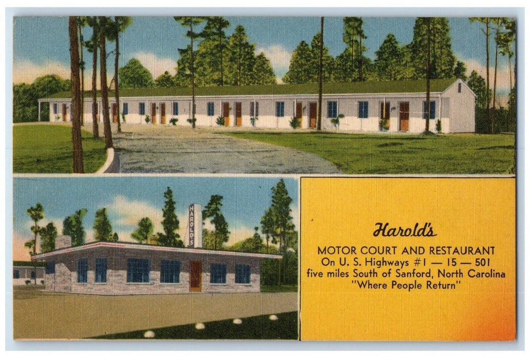 1952 Harolds Motor Court Restaurant Street South Sanford North Carolina Postcard