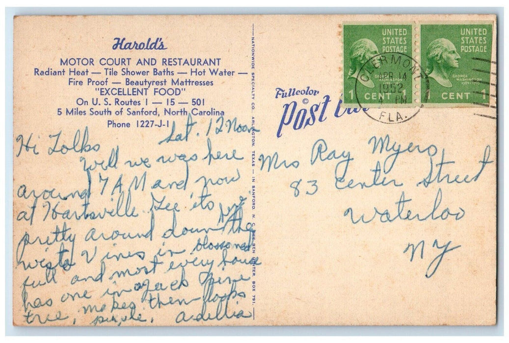 1952 Harolds Motor Court Restaurant Street South Sanford North Carolina Postcard