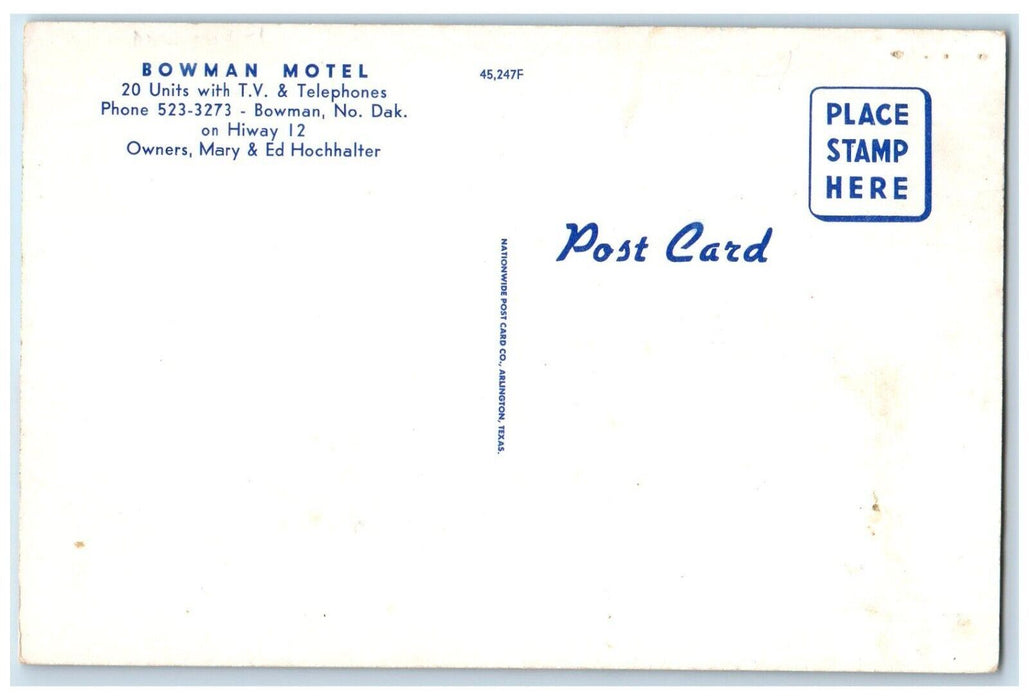 1960 Bowman Motel Exterior Building Parking Bowman North Dakota Vintage Postcard