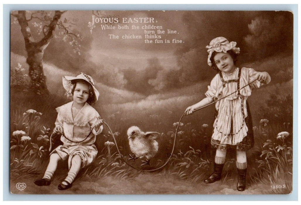1914 Easter Children Playing Jumping Rope Chick EAS RPPC Photo Antique Postcard