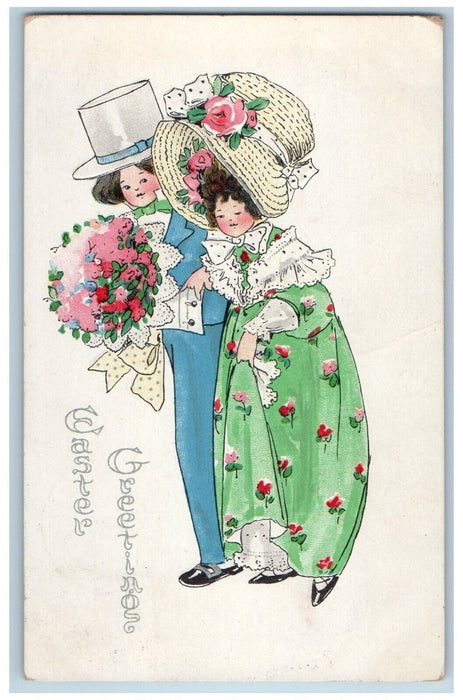 1911 Easter Greetings Grandma Grandpa Big Hat Flowers Bouquet Antique Postcard