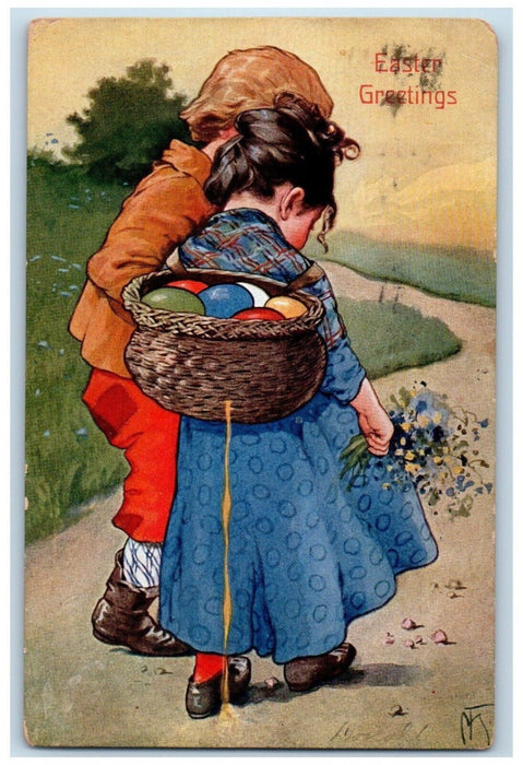 1907 Easter Greetings Boy Girl Basket Of Eggs Flowers Xenia OH Antique Postcard