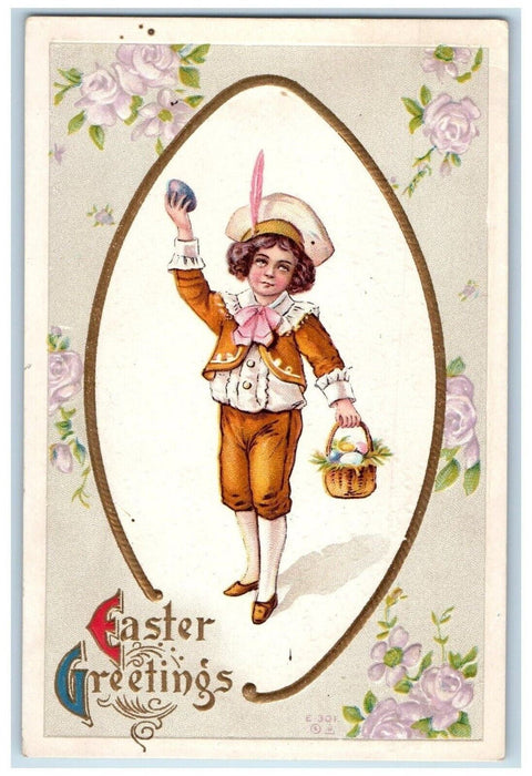 c1910's Easter Greetings Little Boy Basket Eggs Flowers Embossed Posted Postcard