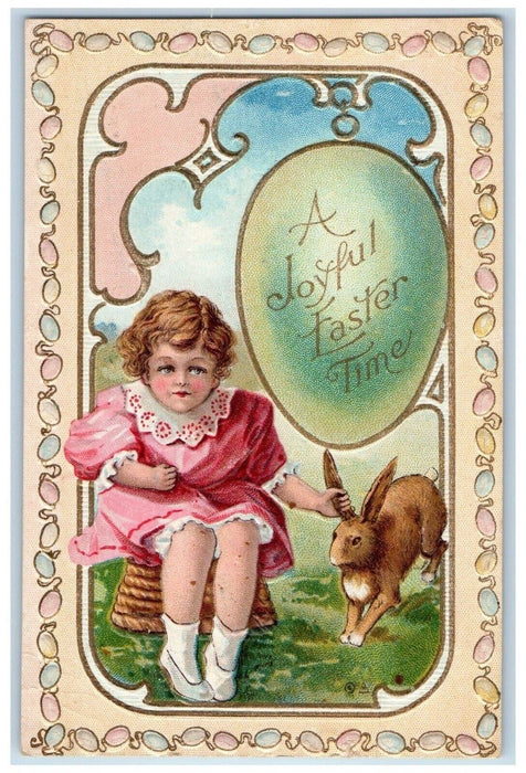 c1910's Easter Time Girl Sitting In Basket Bunny Rabbit Eggs Antique Postcard