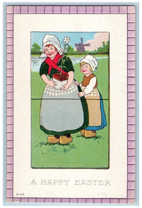 c1910's Happy Easter Dutch Girls Flowers Pot Windmill Embossed Antique Postcard