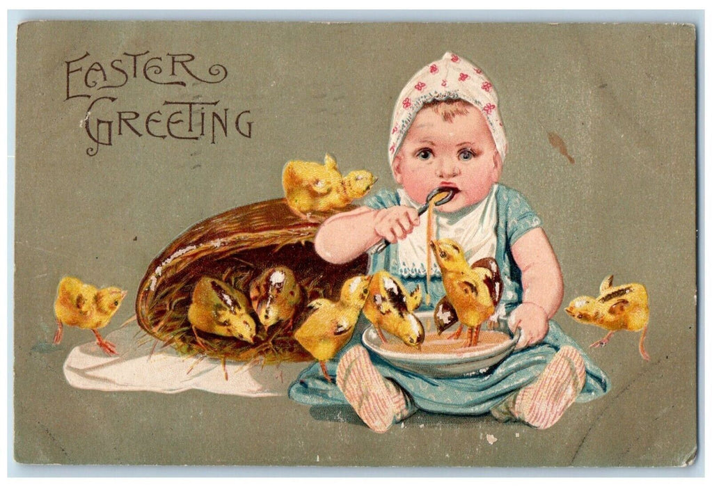 1909 Easter Greetings Baby Toddler Eating Chicks Basket Embossed Posted Postcard