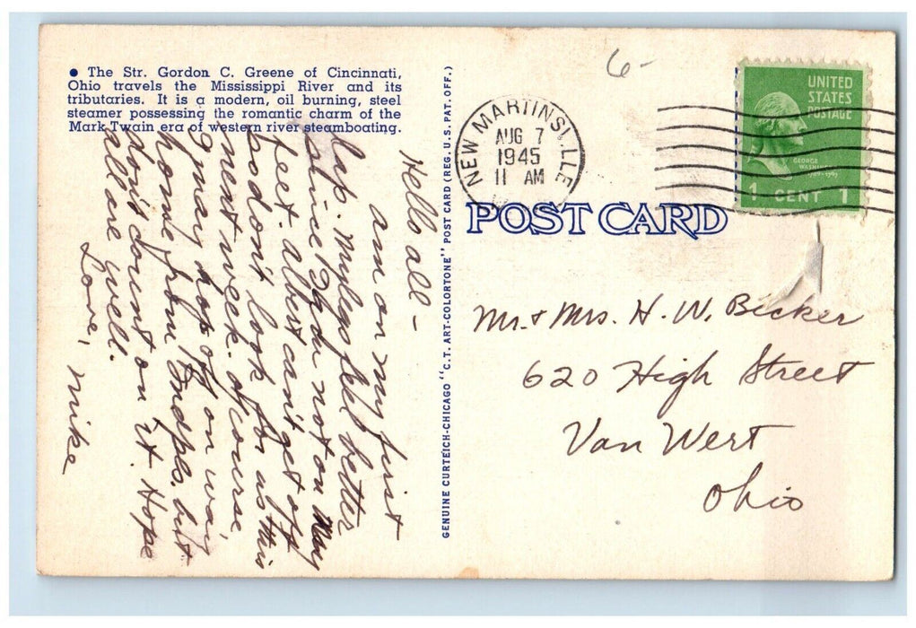 1945 Str Gordon Greene Mississippi River Mark Twain Cincinnati Ohio OH Postcard