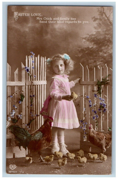 c1910's Easter Girl Dress Rooster Chicken Hen Chicks EAS RPPC Photo Postcard