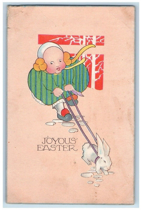 1915 Easter Fat Girl Chasing Bunny Rabbit Posted Antique Postcard