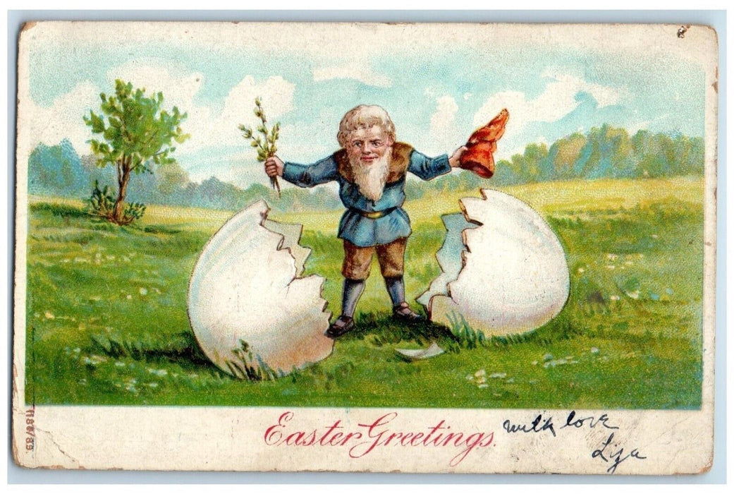 1907 Easter Greetings Hatched Egg Midget Elf Embossed Posted Antique Postcard