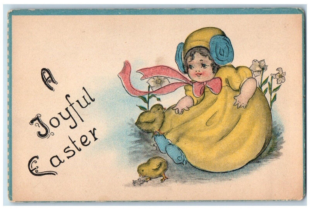c1910's Easter Cute Girl Dress Ribbon Chicks Lilies Flowers Antique Postcard