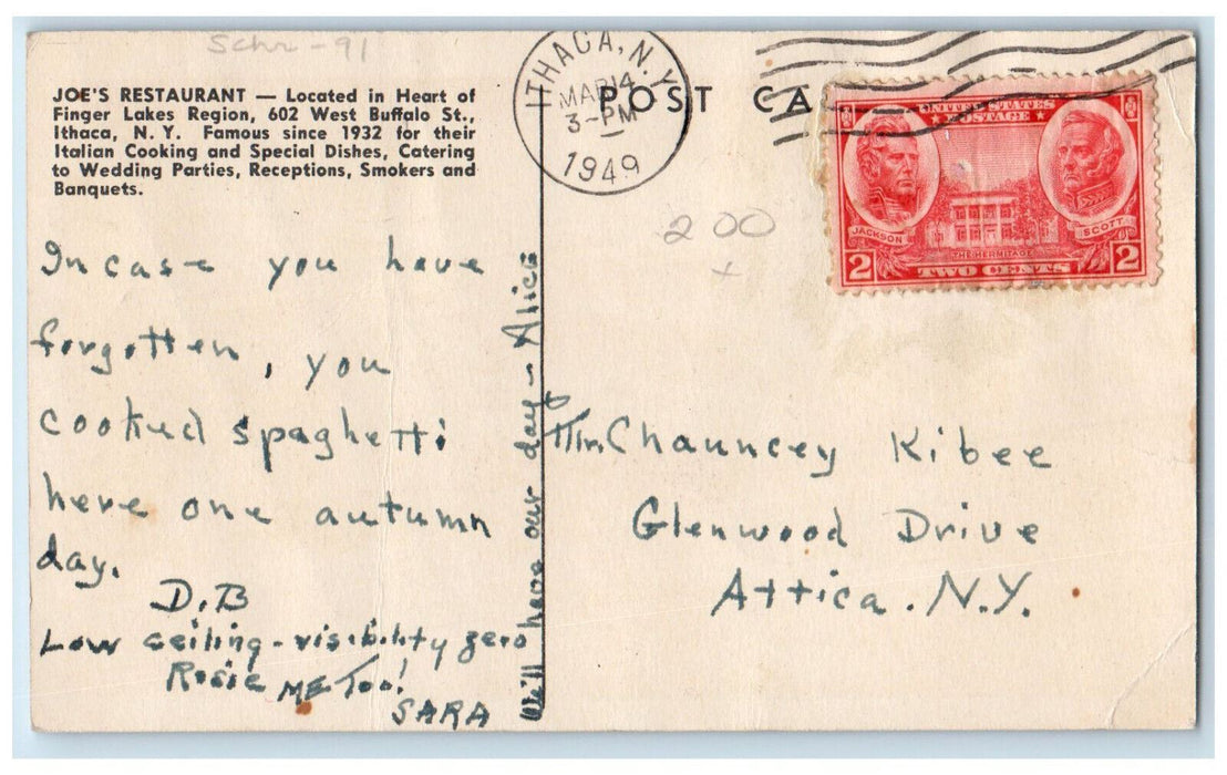 1949 Joe's Restaurant In Heart of Finger Lakes Region Ithaca NY Postcard