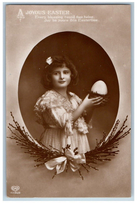 1921 Easter Pretty Girl Holding Egg Studio Portrait EAS RPPC Photo Postcard
