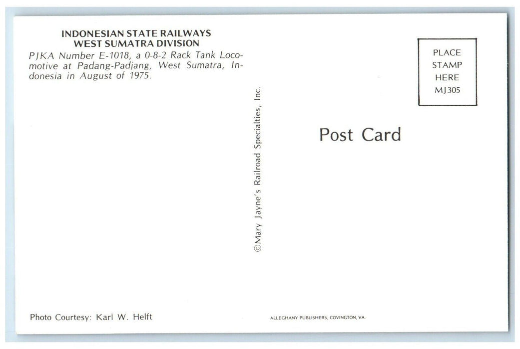 1975 Indonesian State Railways PJKA Number E-1018 Rack Tank Postcard