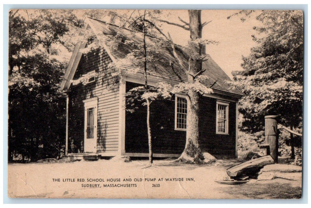 1948 The Little Red School House Old Pump Wayside Inn Sudbury MA Postcard