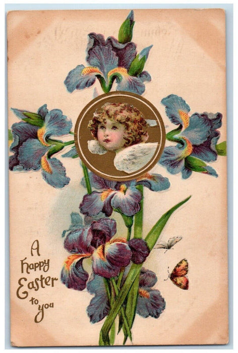 1908 Happy Easter Angel Head Flowers Butterfly Embossed Posted Antique Postcard
