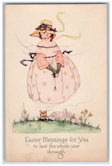c1910's Easter Blessings Girl Dress Ribbon Hat Flowers Cross Antique Postcard