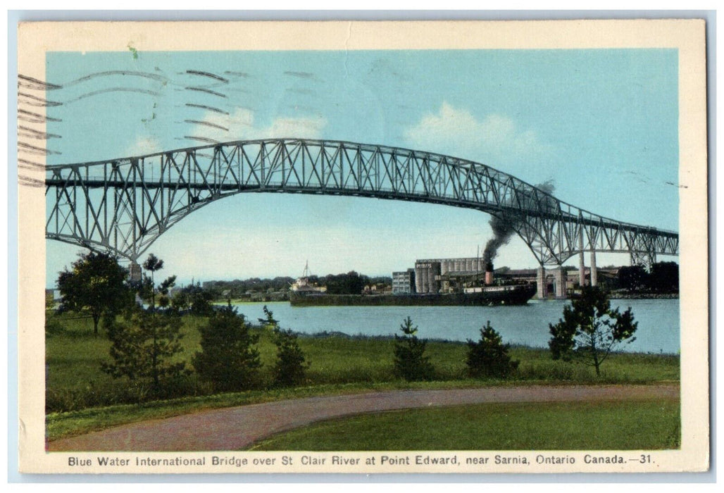 1941 Blue Water International Bridge St Clair River Point Edward Canada Postcard