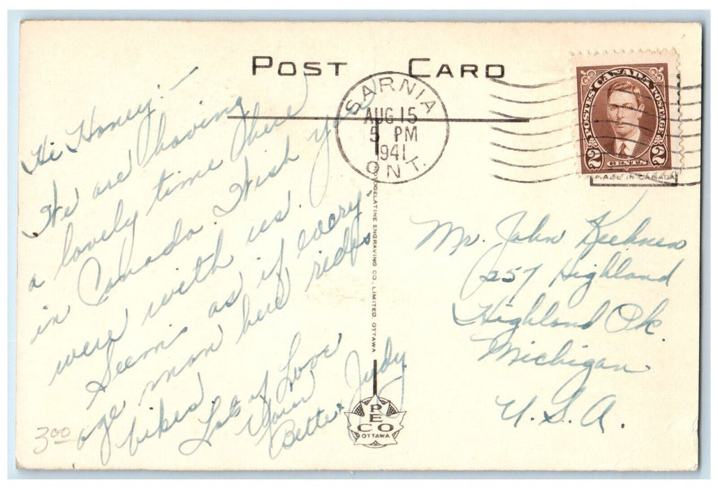 1941 Blue Water International Bridge St Clair River Point Edward Canada Postcard