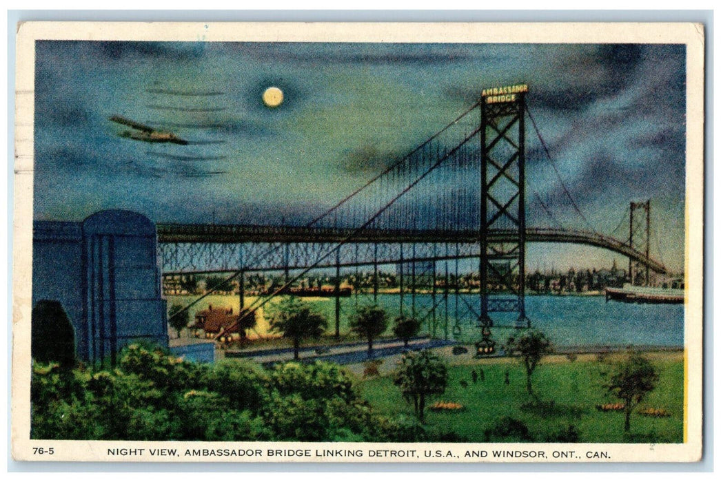 1936 Night View Ambassador Bridge Linking Detroit USA and Winsor Canada Postcard