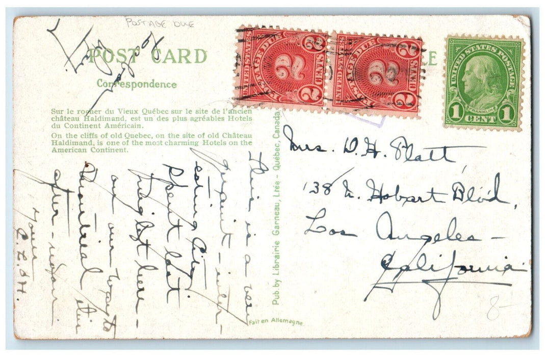 c1920's Chateau Frontenac Hotel Quebec Canada Postage Due Antique Postcard
