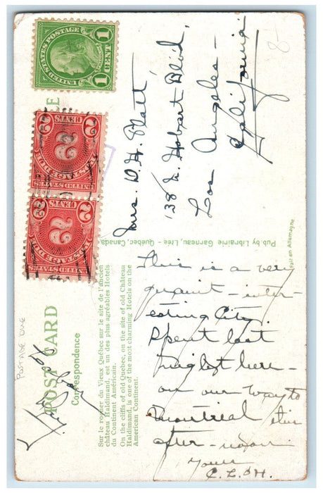 c1920's Chateau Frontenac Hotel Quebec Canada Postage Due Antique Postcard