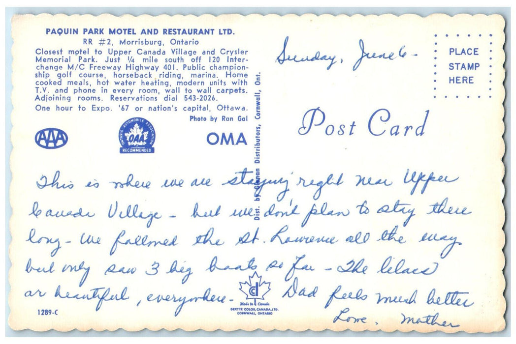 c1960's Paquin Park Motel Restaurant Morrisburg Ontario Canada Posted Postcard