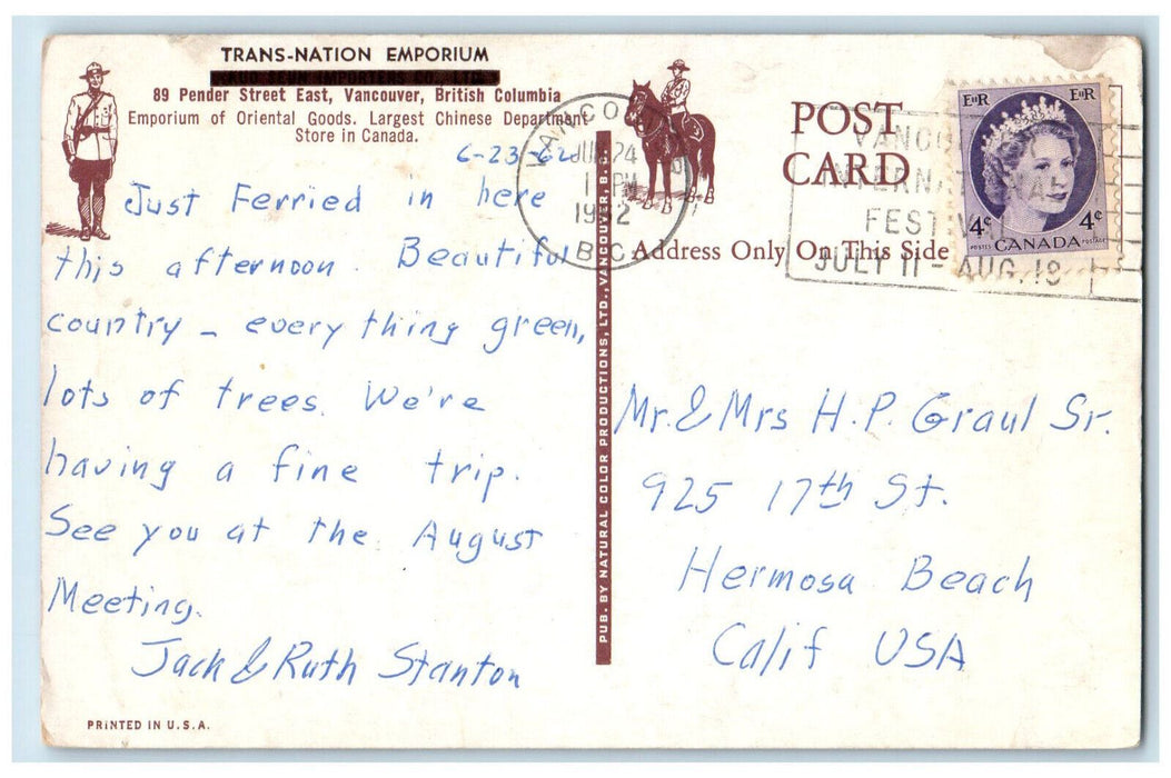 1952 Trans-Nation Emporium Vancouver British Columbia Canada Postcard