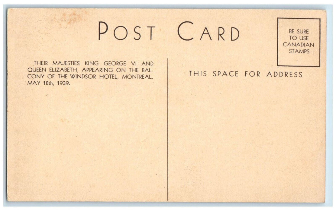 c1950's Queen Elizabeth King George IV at Balcony Windsor Hotel Canada Postcard