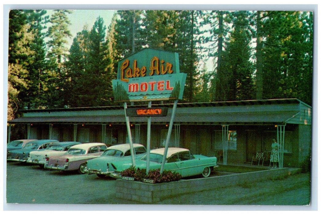 c1960 Exterior Lake Tahoe Finest Lake Air Motel Classic Cars California Postcard