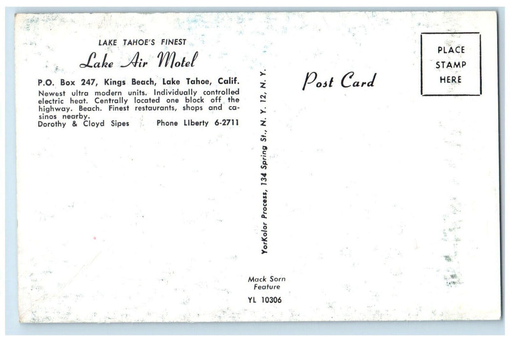 c1960 Exterior Lake Tahoe Finest Lake Air Motel Classic Cars California Postcard