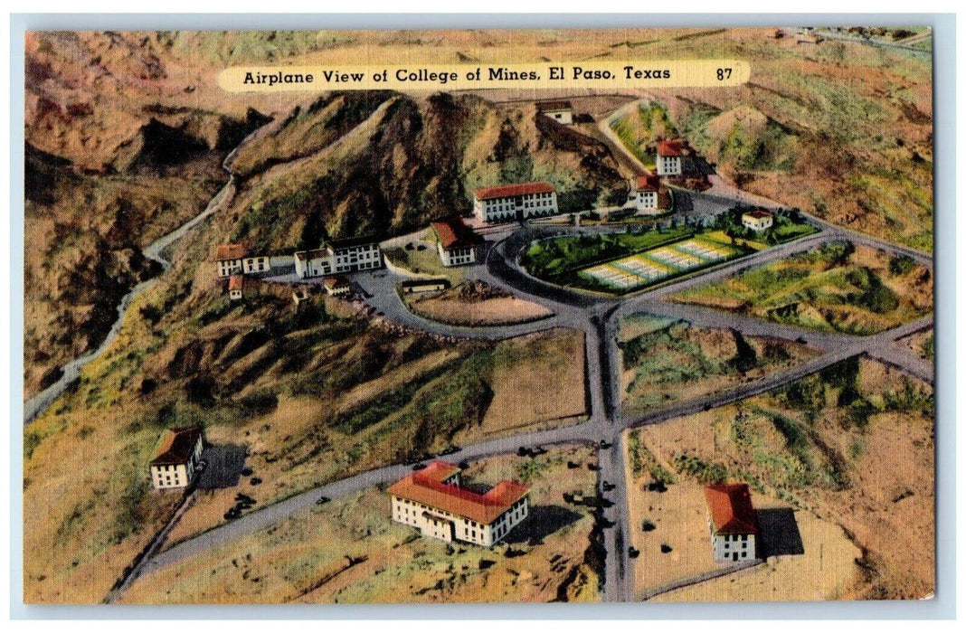 1940 Airplane View College Mine El Paso Texas TX Houses Vintage Antique Postcard