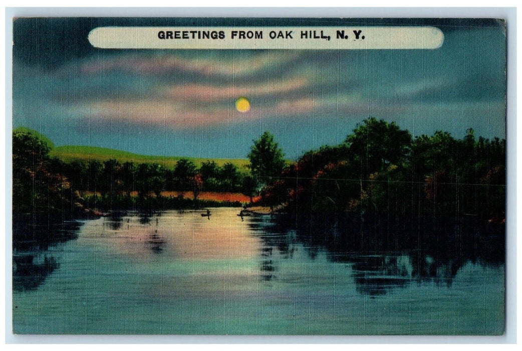 1945 Greetings From Oak Hill New York NY Night Banner Moon East Durham Postcard