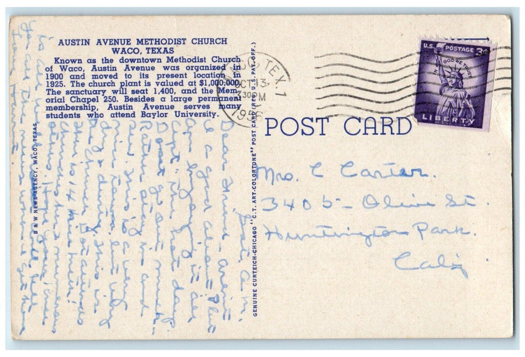 1956 Exterior View Austin Avenue Methodist Church Building Waco Texas Postcard
