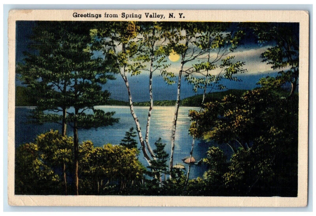 1941 Greetings Spring Valley New York Banner Night Scene Moon Moonlight Postcard