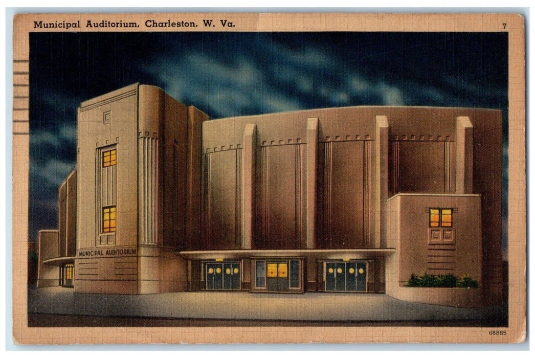 1942 Municipal Auditorium Building Charleston West Virginia W VA Night Postcard